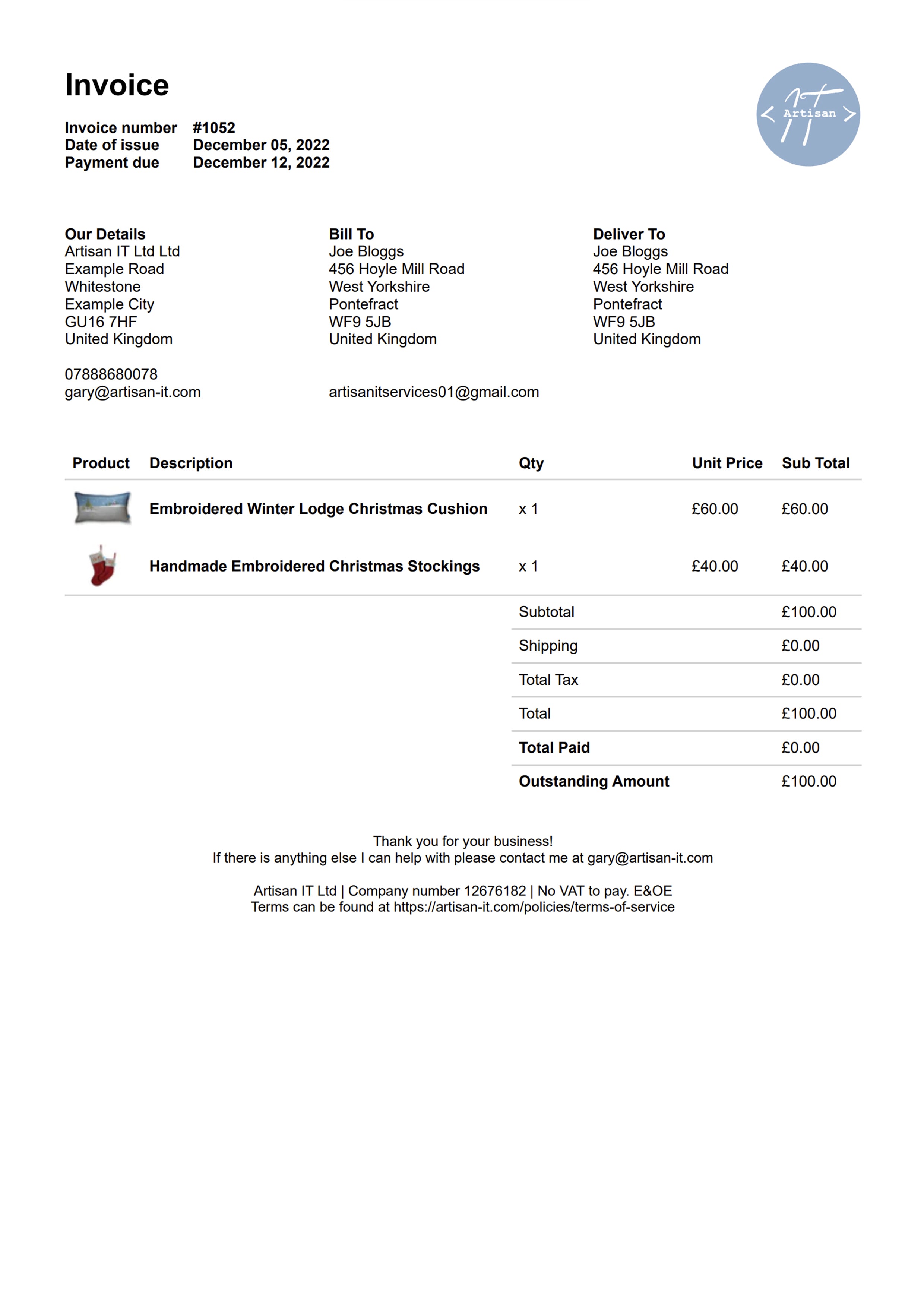 Shopify Order Printer Invoice Template Design A by Artisan IT Ltd