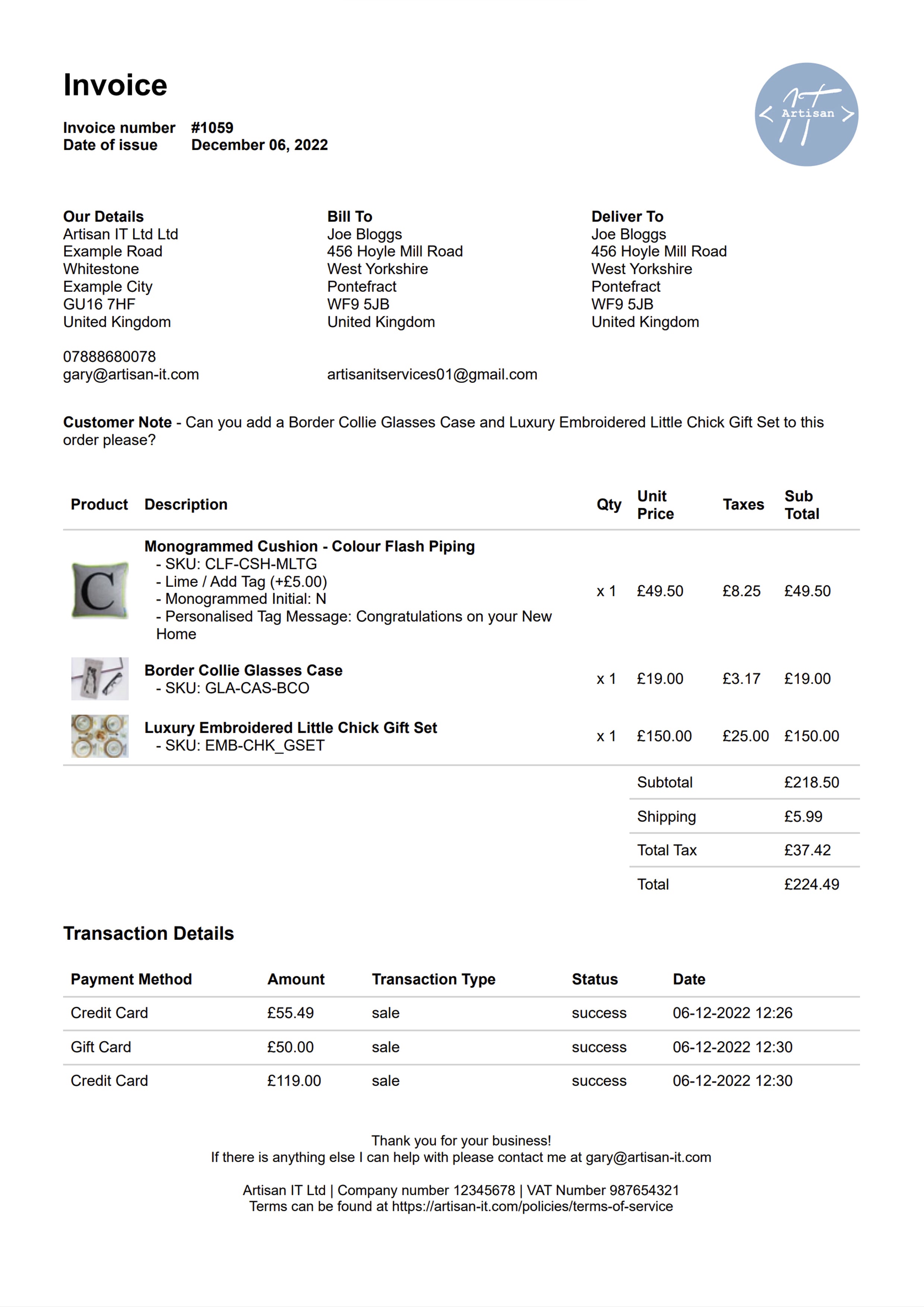 Shopify Order Printer Pro Invoice Template Design A by Artisan IT Ltd