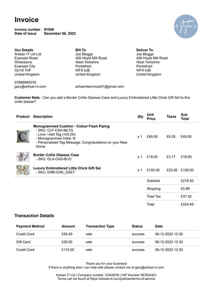 A Shopify invoice available at from Artisan IT
