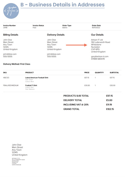 Business address details in the address area of a ShopWired order invoice