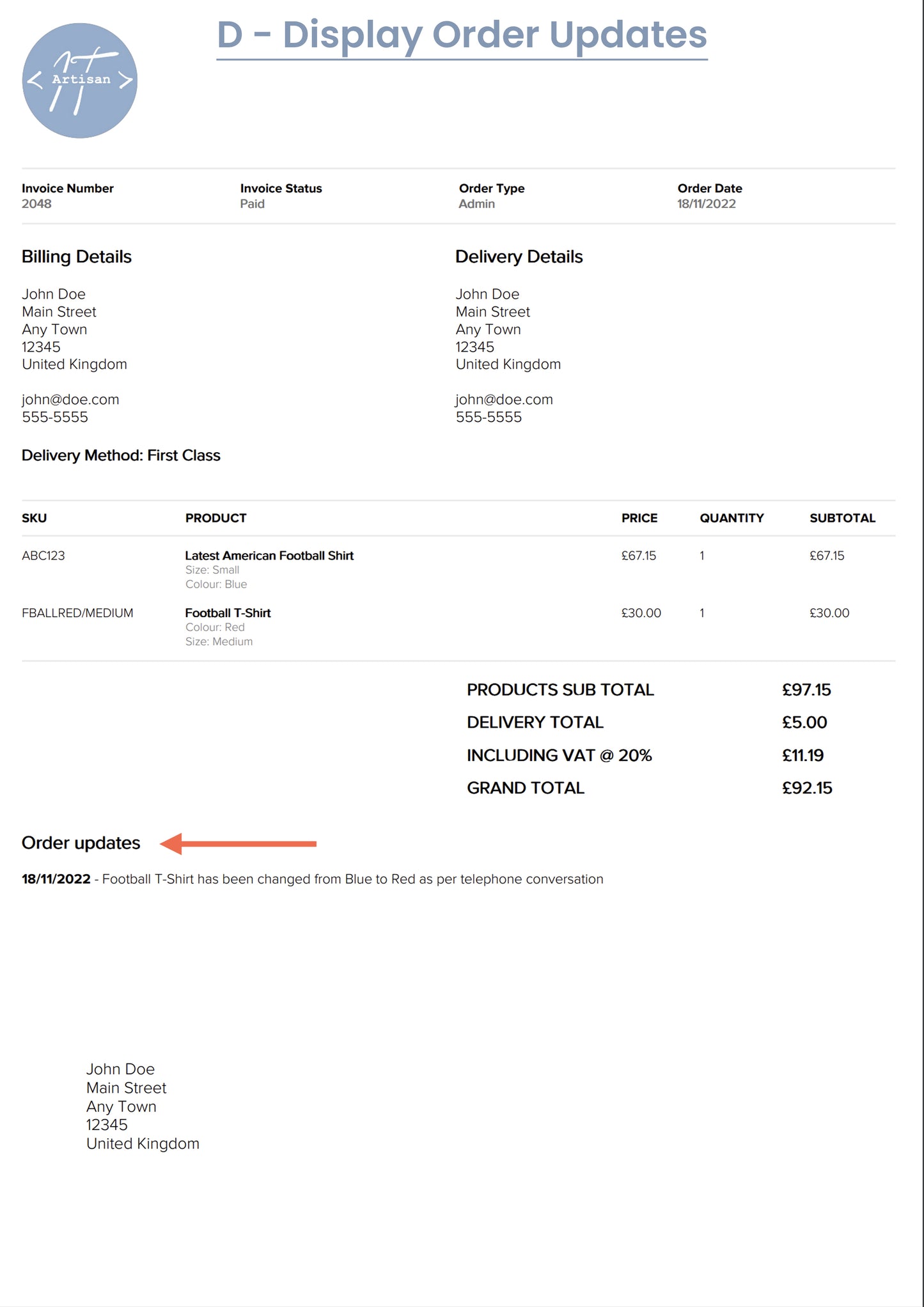Order updates displayed within the ShopWired order invoice