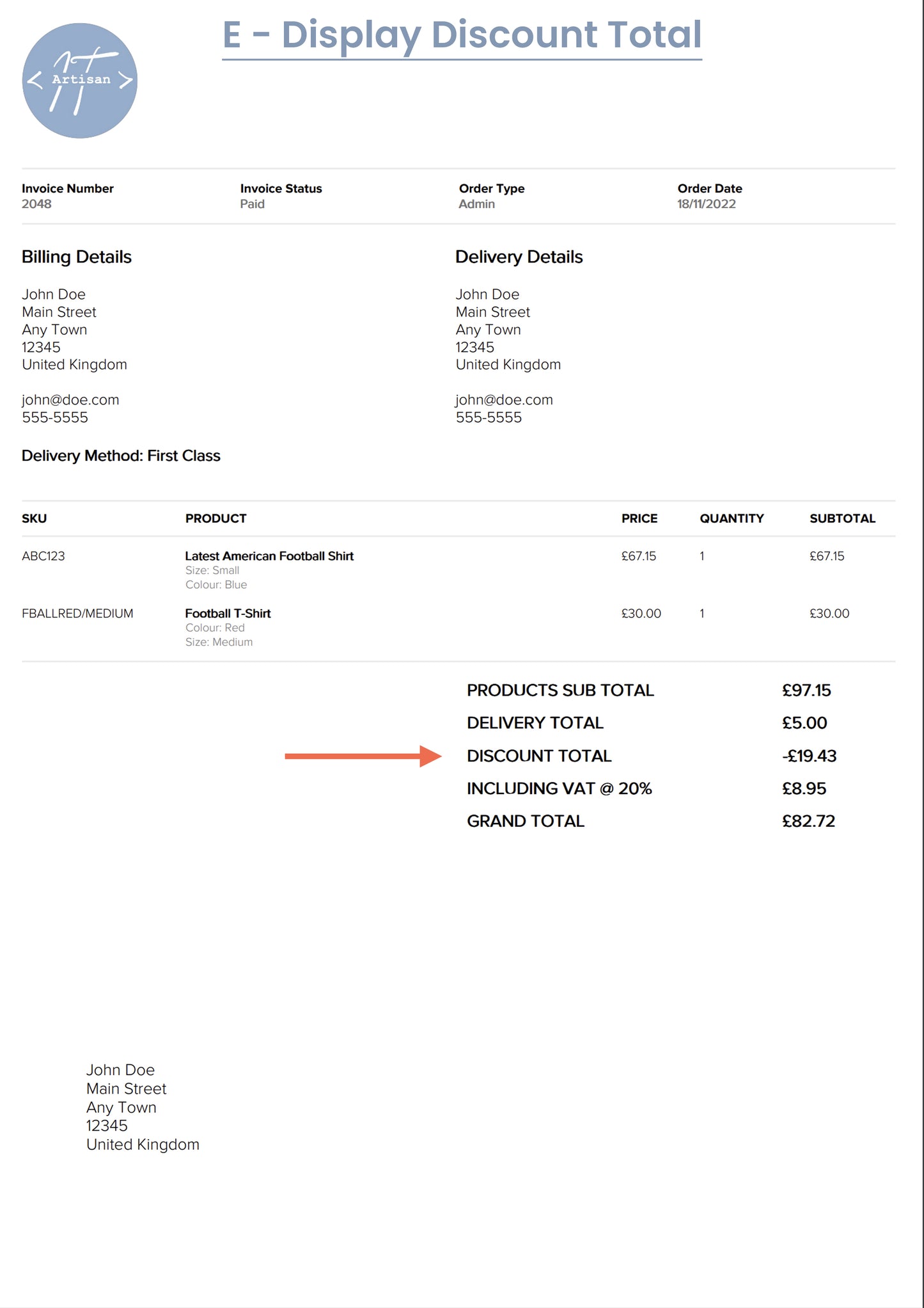 Discount Total displayed within the ShopWired order invoice